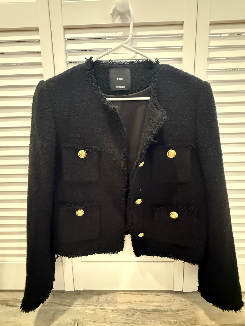 Mango Black Tweed Pocket Lady Jacket with Gold Buttons - Size M